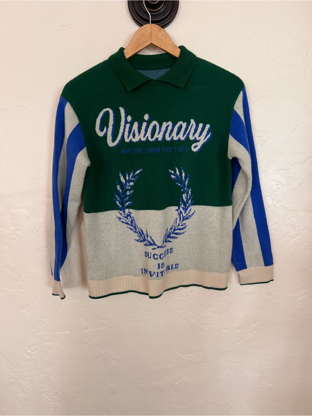 Visionary Intarsia Knit Polo Sweater Green Blue Cream Collegiate Streetwear